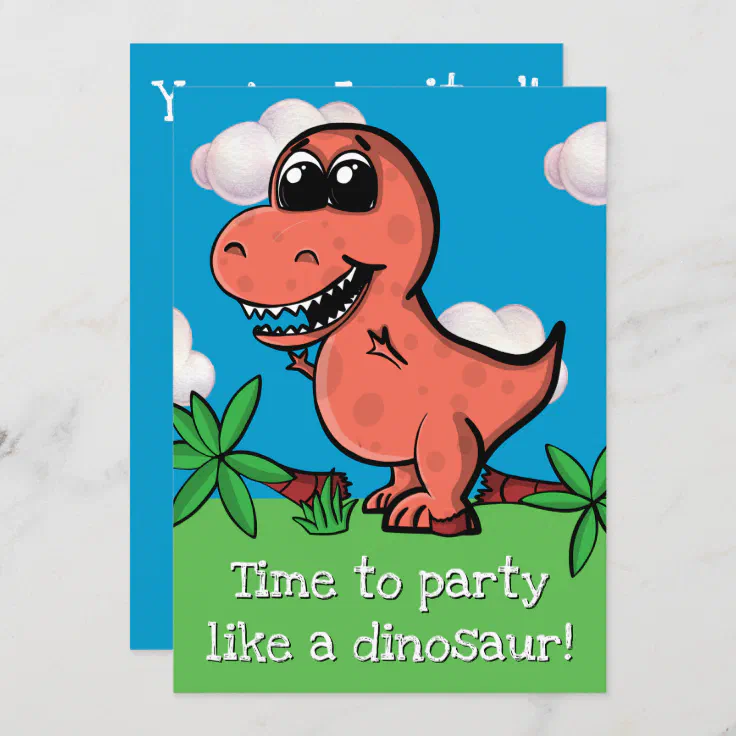 Cute T-Rex Dinosaur Kids Birthday Cartoon Jurassic Invitation | Zazzle