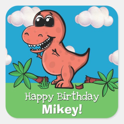 Cute T_Rex Dinosaur Kids Birthday Cartoon Jurassic Square Sticker