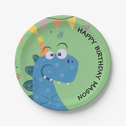 cute T_Rex Dinosaur Kids Birthday Paper Plates