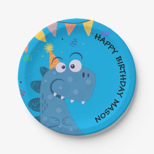 cute T_Rex Dinosaur Kids Birthday Paper Plates