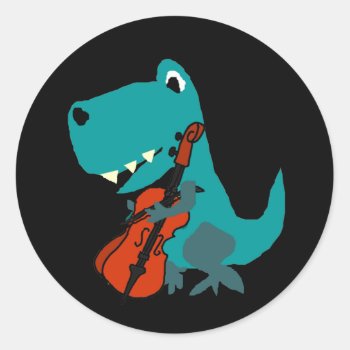 Cute T-rex Dinosaur Playing Cello Music Classic Round Sticker by patcallum at Zazzle