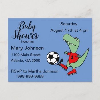 Cute T-rex Dinosaur Playing Soccer Baby Shower Invitation Postcard by naturesmiles at Zazzle