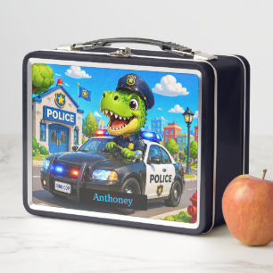 Cute T Rex Dinosaur Police Car Kids Metal Lunch Box