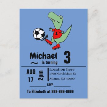 Cute T-rex Dinosaur Soccer Birthday Party Invitation Postcard by naturesmiles at Zazzle
