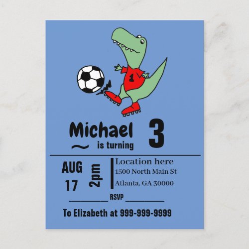 Cute T_rex dinosaur Soccer Birthday Party Invitation Postcard