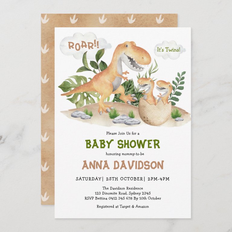 Cute T-Rex Dinosaur Twins Baby Shower Invitation