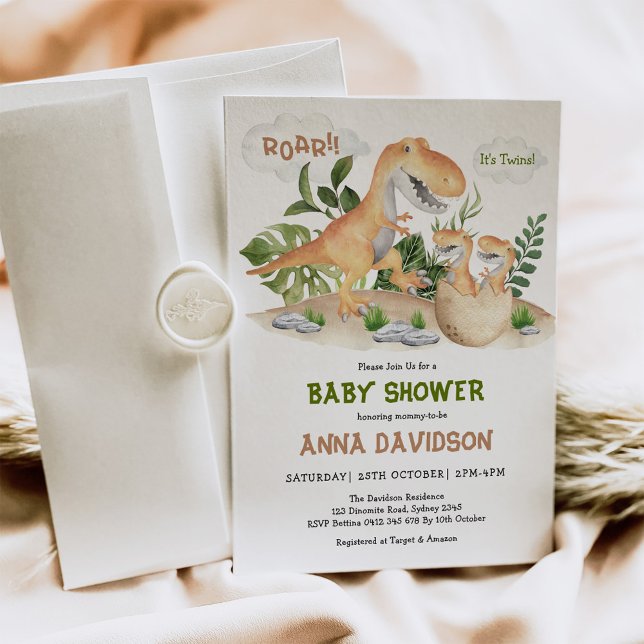 Cute T-Rex Dinosaur Twins Baby Shower Invitation (Creator Uploaded)