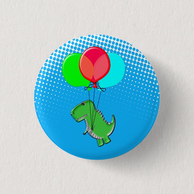 Cute T-Rex Flying With Balloons In Blue Sky Button (Front)