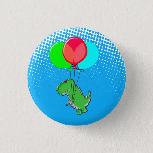 Cute T_Rex Flying With Balloons In Blue Sky Button