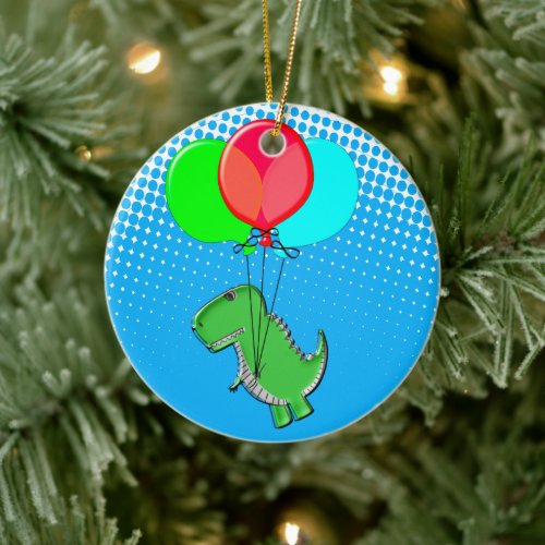 Cute T_Rex Flying With Balloons In Blue Sky Ceramic Ornament