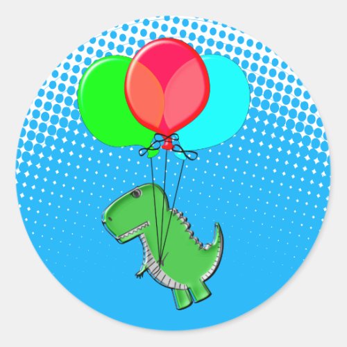 Cute T_Rex Flying With Balloons In Blue Sky Classic Round Sticker