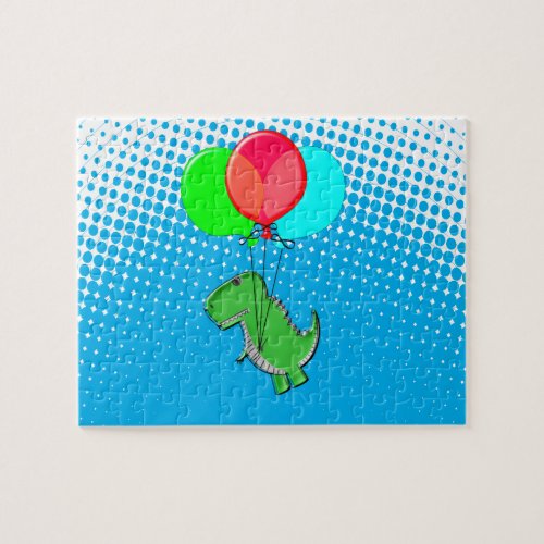 Cute T_Rex Flying With Balloons In Blue Sky Jigsaw Puzzle