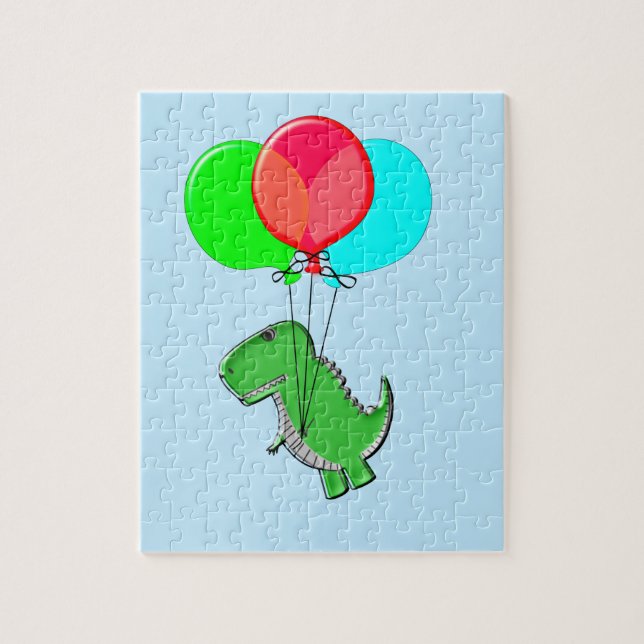 Cute T-Rex Flying With Balloons In Blue Sky Jigsaw Puzzle (Vertical)