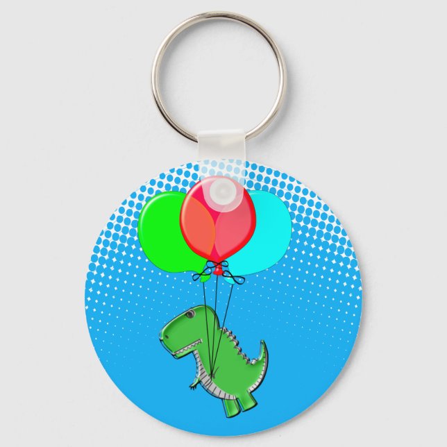 Cute T-Rex Flying With Balloons In Blue Sky Keychain (Front)