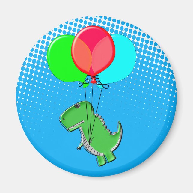Cute T-Rex Flying With Balloons In Blue Sky Magnet (Front)