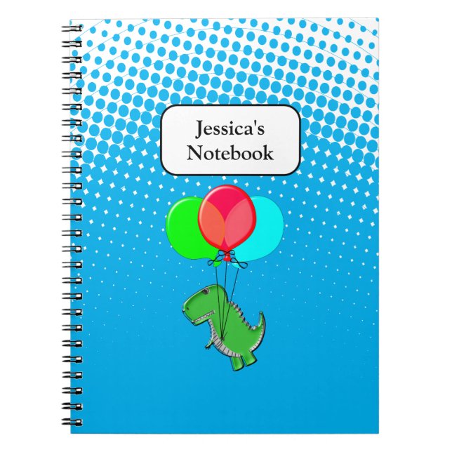 Cute T-Rex Flying With Balloons In Blue Sky Notebook (Front)