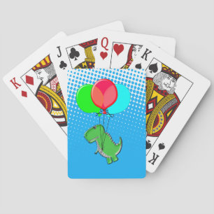 Cute T-Rex Flying With Balloons In Blue Sky Poker Cards