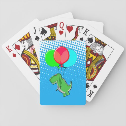 Cute T_Rex Flying With Balloons In Blue Sky Poker Cards