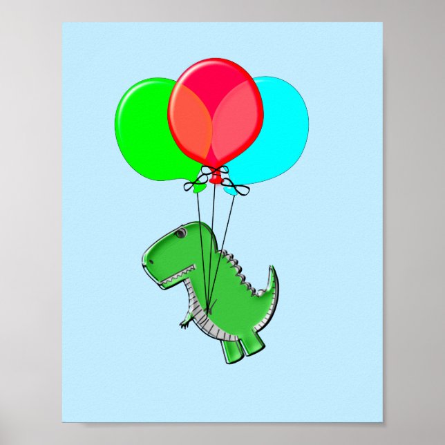 Cute T-Rex Flying With Balloons In Blue Sky Poster (Front)