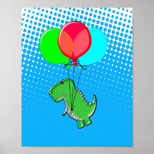 Cute T_Rex Flying With Balloons In Blue Sky Poster