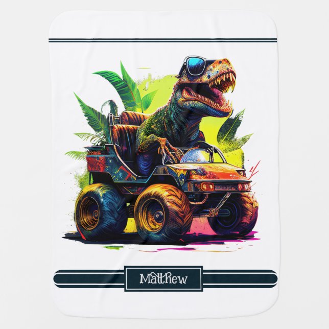 Cute T-Rex Riding Monster Truck Dinosaur Birthday  Baby Blanket (Front)
