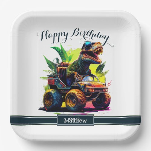 Cute T_Rex Riding Monster Truck Dinosaur Birthday  Paper Plates