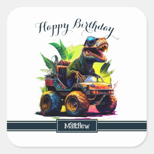 Cute T_Rex Riding Monster Truck Dinosaur Birthday  Square Sticker