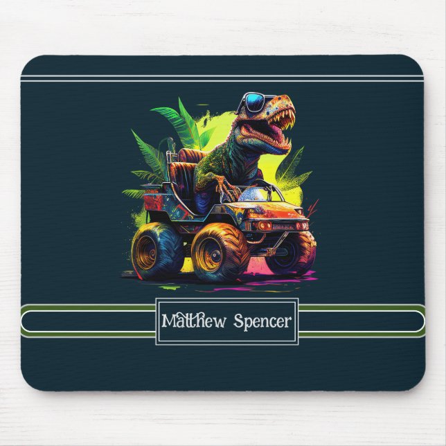 Cute T-Rex Riding Monster Truck Dinosaur Name Mouse Pad (Front)