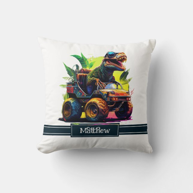 Cute T-Rex Riding Monster Truck Dinosaur Name Throw Pillow (Front)