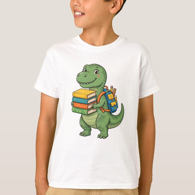 Cute T-Rex Student - Back To School Backpack Books T-Shirt (Front)