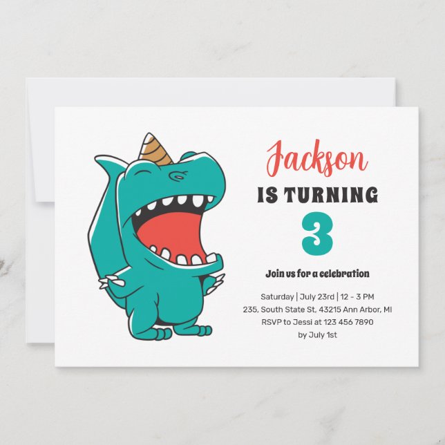 Cute T-Rex Unicorn Kids Dinosaur Birthday Invitation (Front)