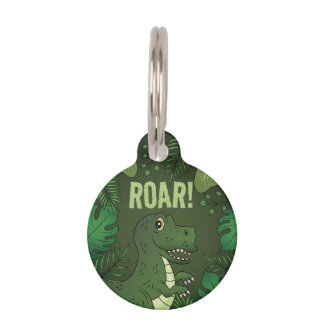 Cute T-rex With Green Tropical Plants Roar Text Pet ID Tag