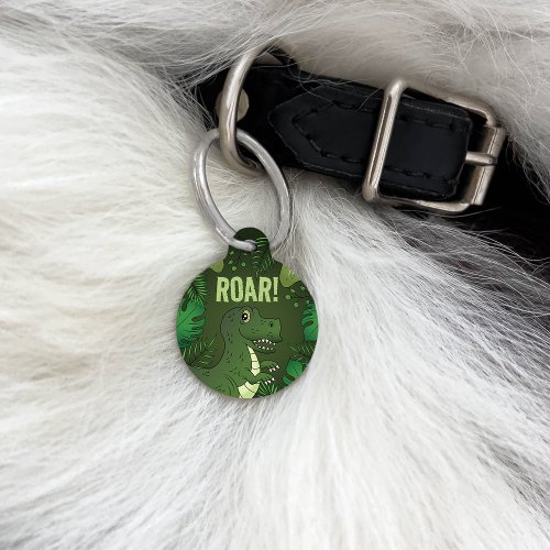 Cute T_rex With Green Tropical Plants Roar Text Pet ID Tag