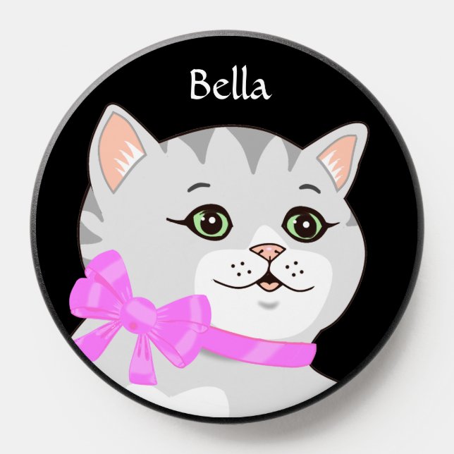 Cute Tabby Anime Cat Face on Black PopSocket (Popsocket)