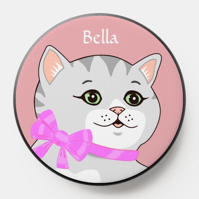 Cute Tabby Anime Cat Face on Pink PopSocket (Popsocket)