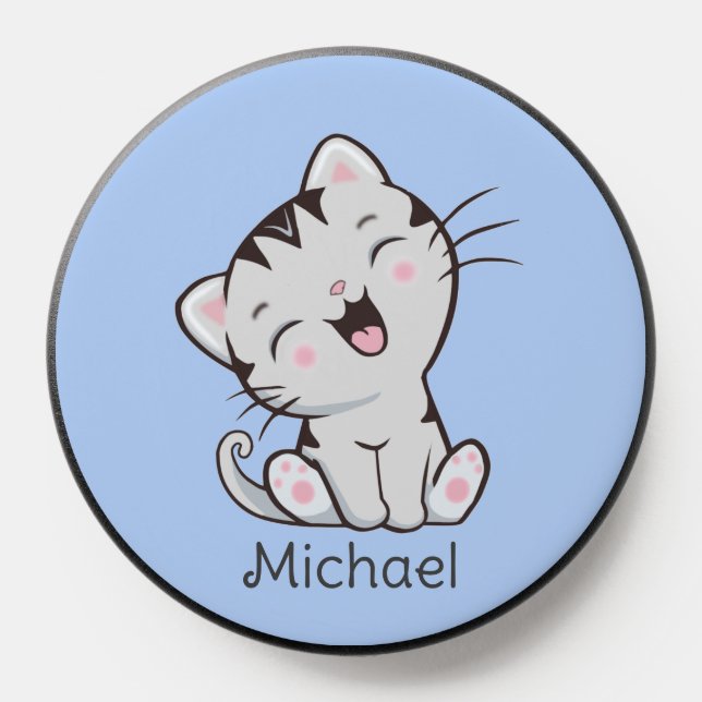 Cute Tabby Anime Cat on Light Blue PopSocket (Popsocket)