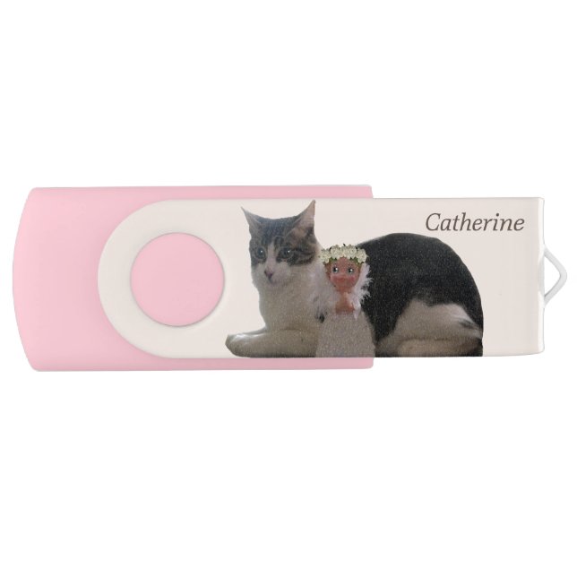 Cute tabby cat and angel on ivory flash drive (Front)