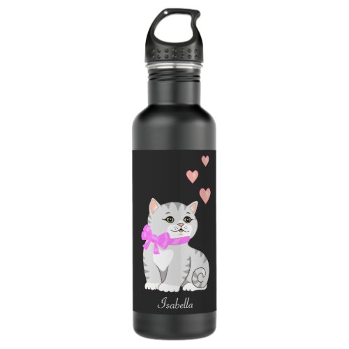 Cute Tabby Cat and Hearts on Black Stainless Steel Water Bottle