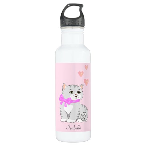 Cute Tabby Cat and Hearts on Pink Stainless Steel Water Bottle