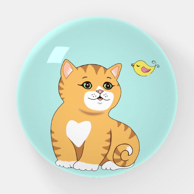 Cute Tabby Cat and Little Bird on Light Teal Paperweight (Front)