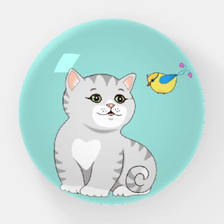 Cute Tabby Cat and Little Bird on Light Teal