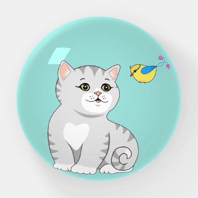Cute Tabby Cat and Little Bird on Light Teal Paperweight (Front)