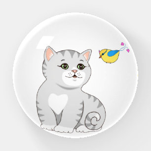 Cute Tabby Cat and Little Bird on White Paperweight