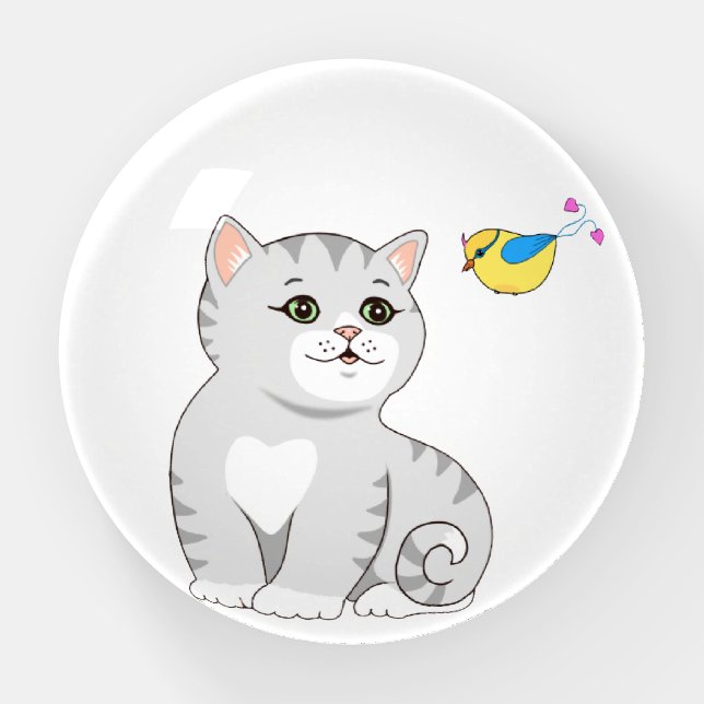 Cute Tabby Cat and Little Bird on White Paperweight (Front)