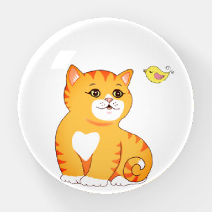 Cute Tabby Cat and Little Bird on White Paperweight