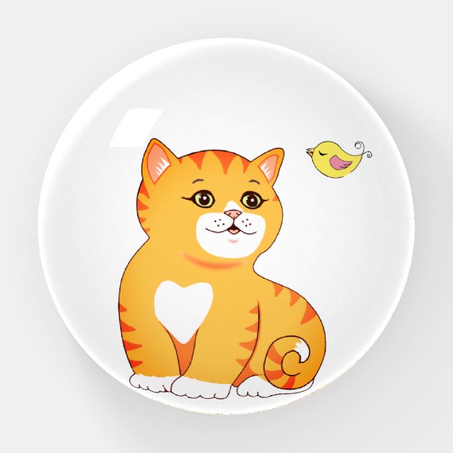 Cute Tabby Cat and Little Bird on White Paperweight (Front)