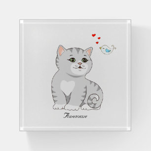 Cute Tabby Cat and Little Bird on White Paperweight