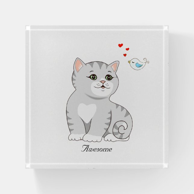 Cute Tabby Cat and Little Bird on White Paperweight (Front)