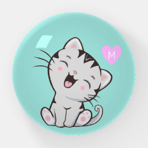 Cute Tabby Cat and Monogram on Light Teal Paperweight