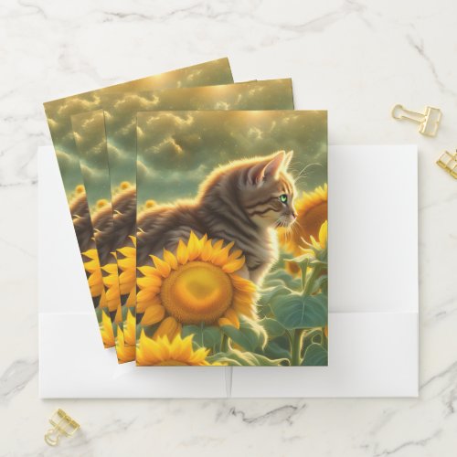 Cute Tabby Cat and Sunflowers Pocket Folder